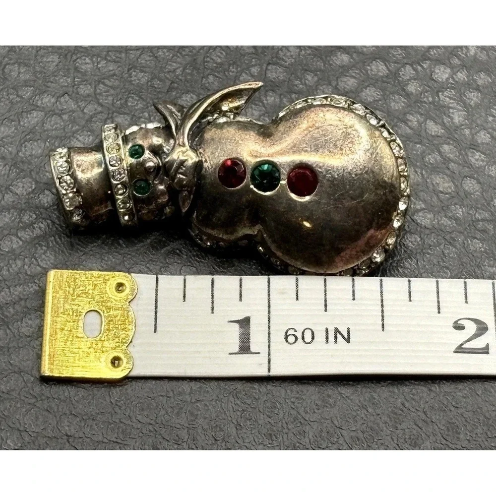 VTG Jez Sterling Silver 925 Snowman Brooch Red Green Rhinestone Christmas Pin